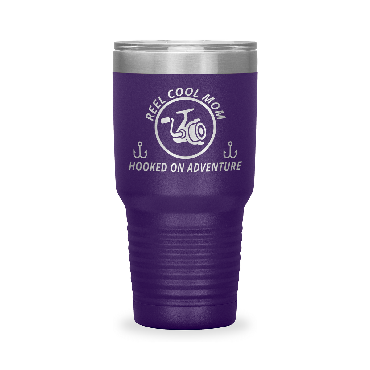 Reel Cool Mom - Polar Camel 30oz engraved tumbler, front view, Purple
