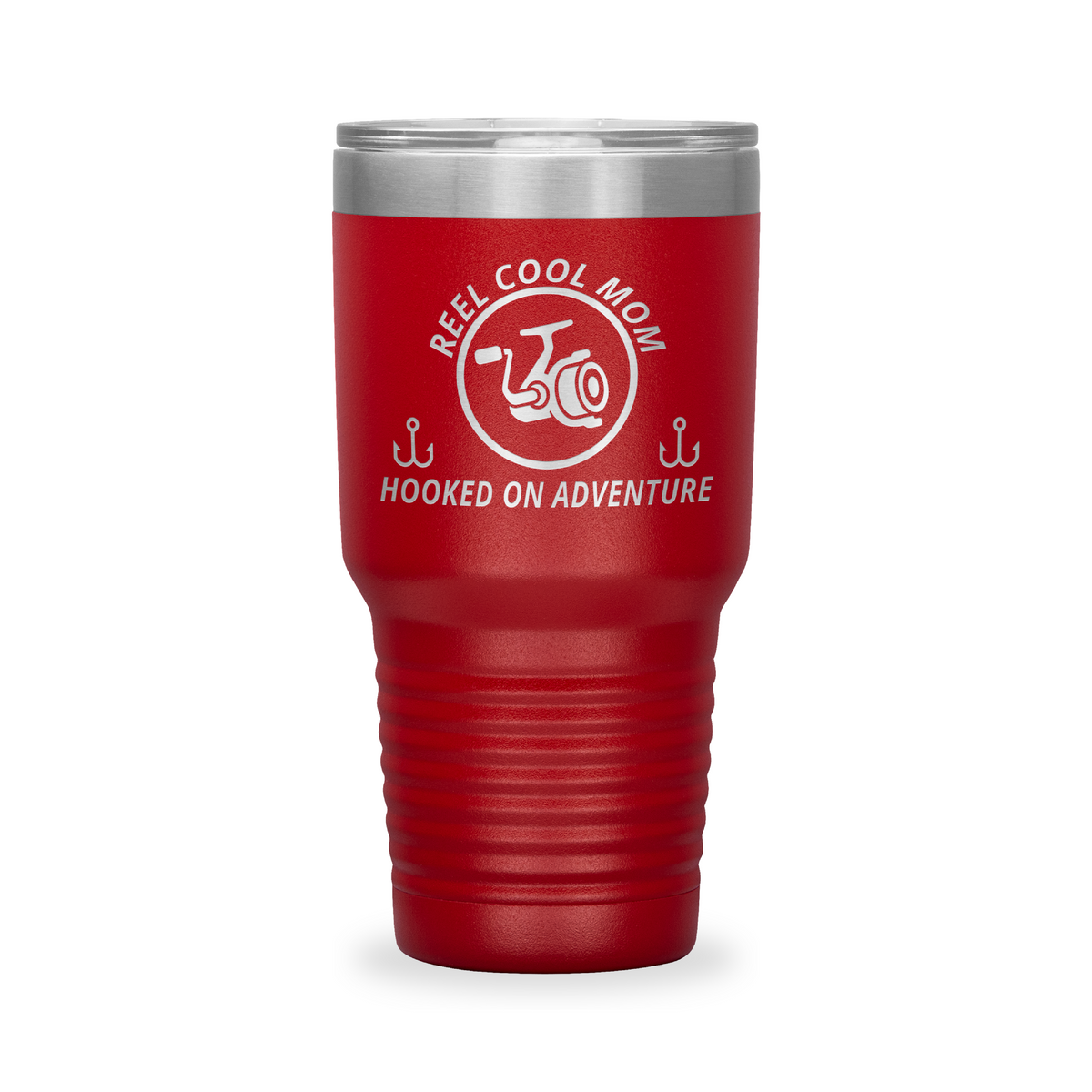 Reel Cool Mom - Polar Camel 30oz engraved tumbler, front view, Red