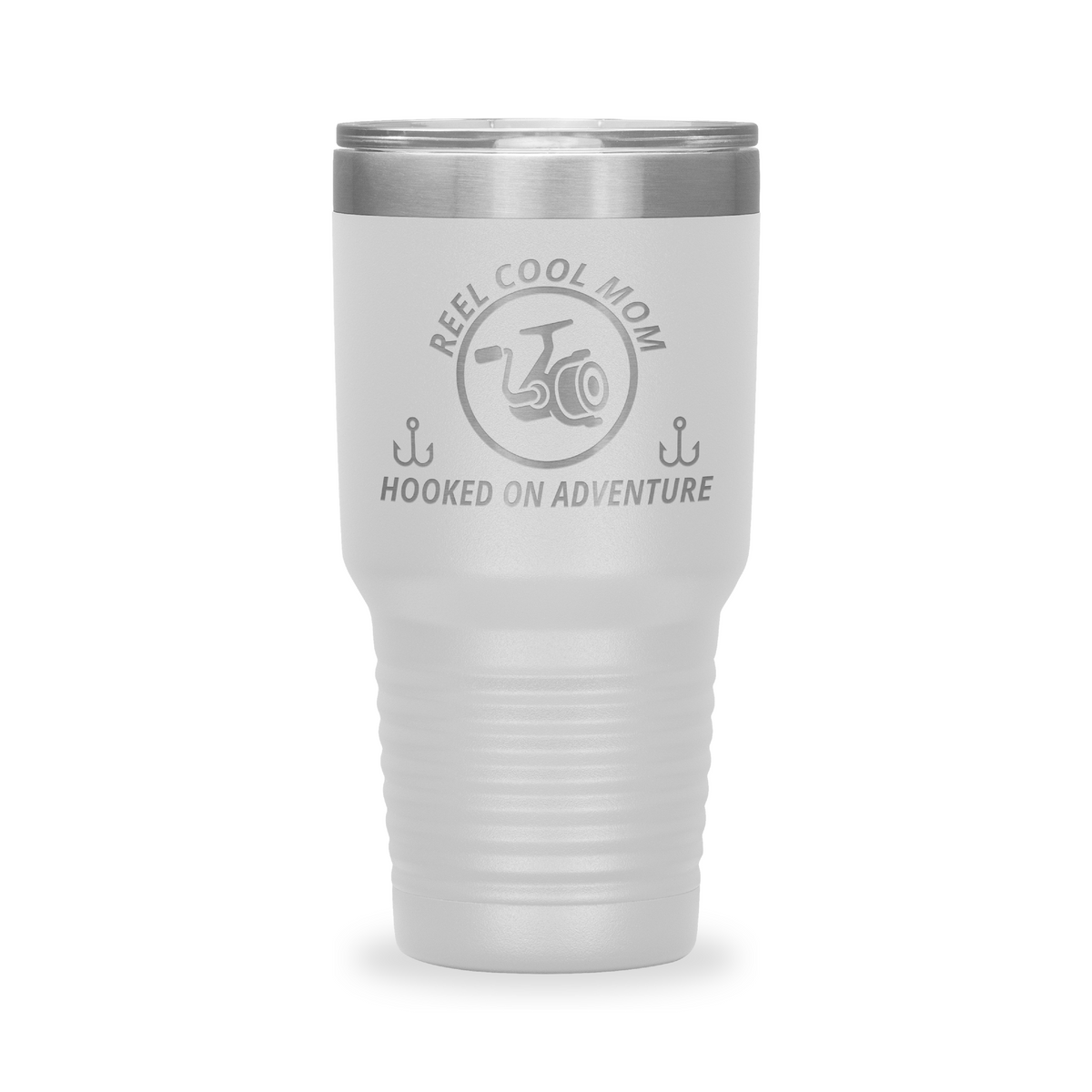 Reel Cool Mom - Polar Camel 30oz engraved tumbler, front view, White