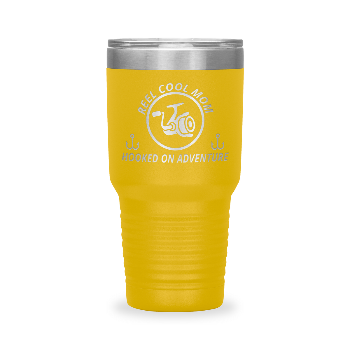 Reel Cool Mom - Polar Camel 30oz engraved tumbler, front view, Yellow