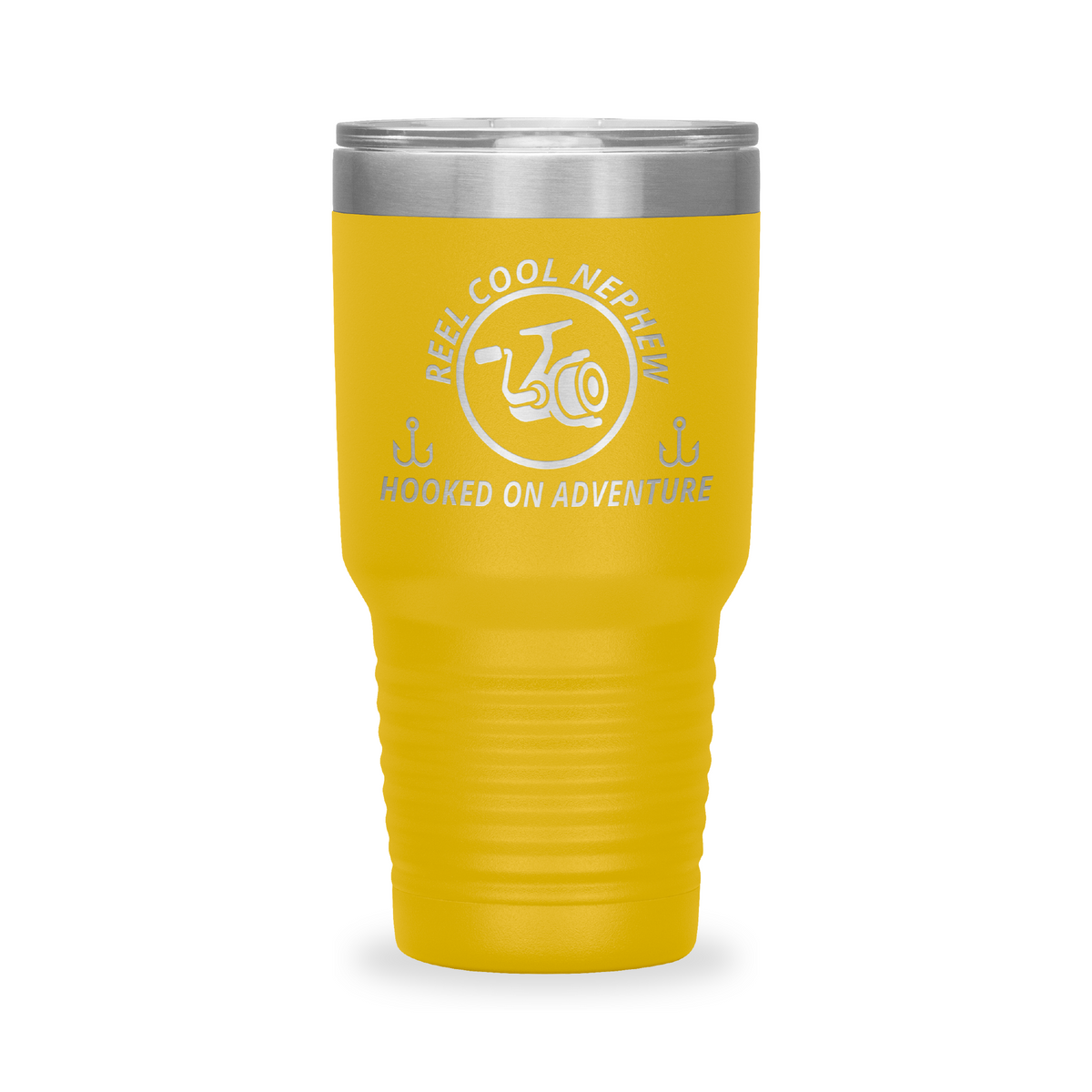 Reel Cool Nephew - Polar Camel 30oz engraved tumbler, front view, Yellow