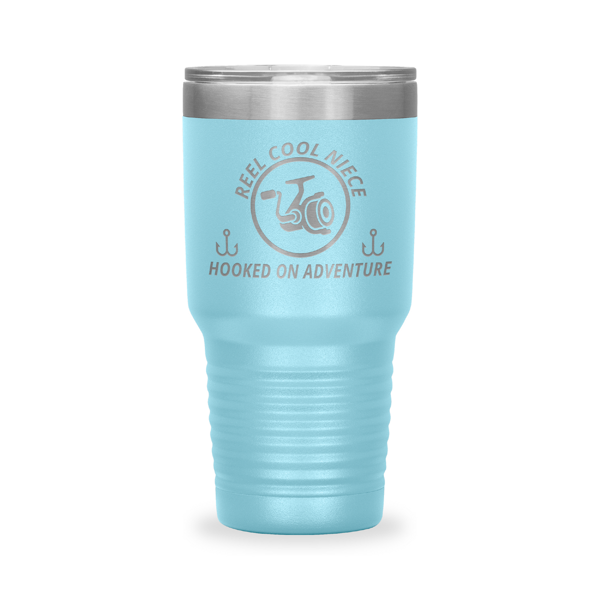 Reel Cool Niece - Polar Camel 30oz engraved tumbler, front view, Light Blue
