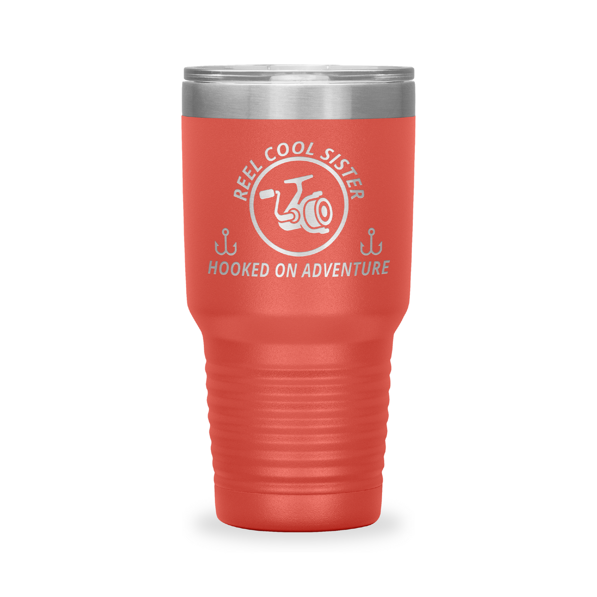Reel Cool Sister - Polar Camel 30oz engraved tumbler, front view, Coral