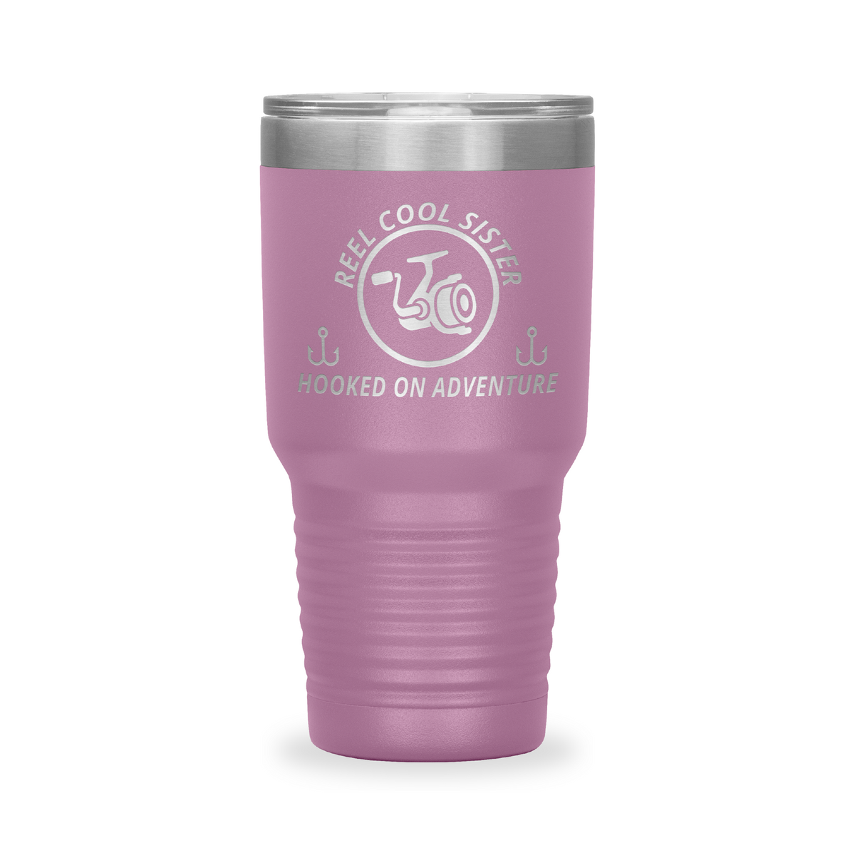 Reel Cool Sister - Polar Camel 30oz engraved tumbler, front view, Light Purple
