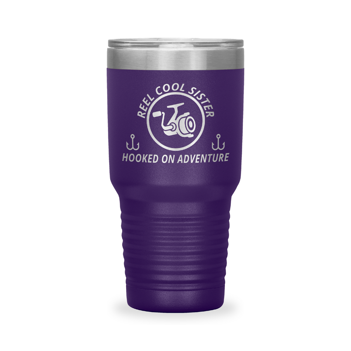 Reel Cool Sister - Polar Camel 30oz engraved tumbler, front view, Purple