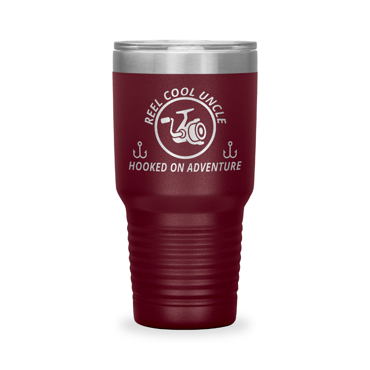 Reel Cool Uncle - Polar Camel 30oz engraved tumbler, front view, Maroon