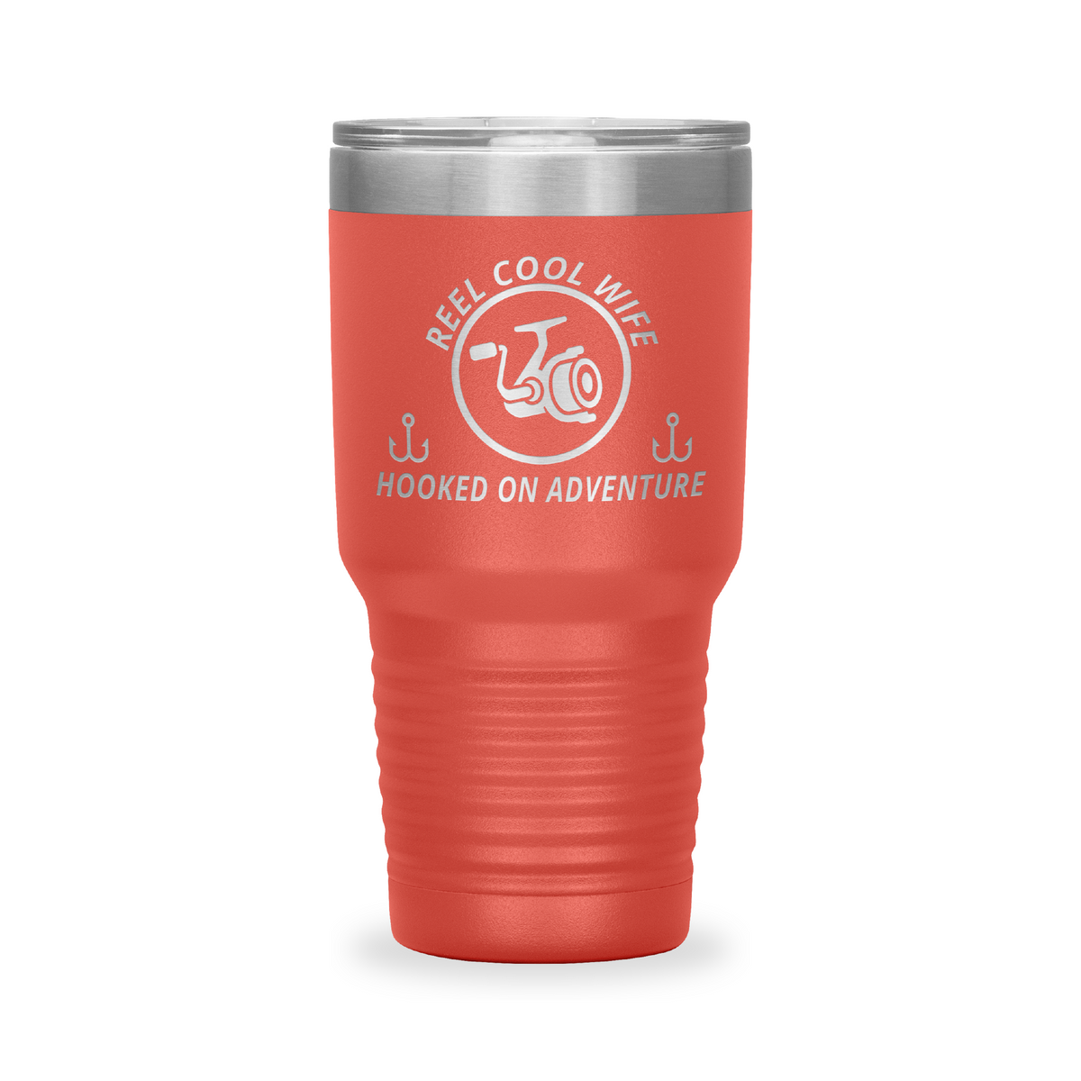 Reel Cool Wife - Polar Camel 30oz engraved tumbler, front view, Coral