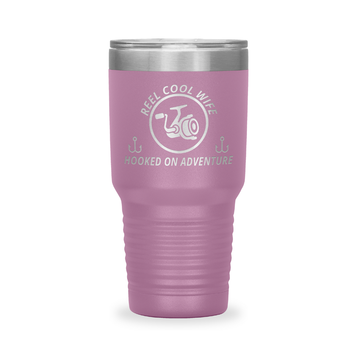 Reel Cool Wife - Polar Camel 30oz engraved tumbler, front view, Light Purple
