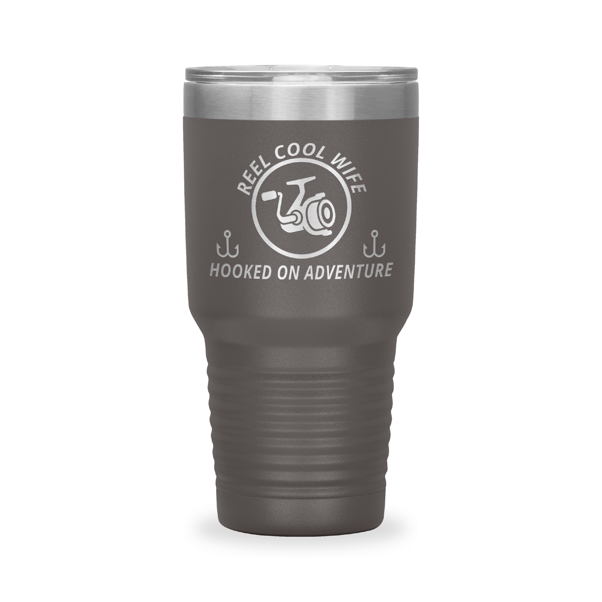 Reel Cool Wife - Polar Camel 30oz engraved tumbler, front view, Pewter