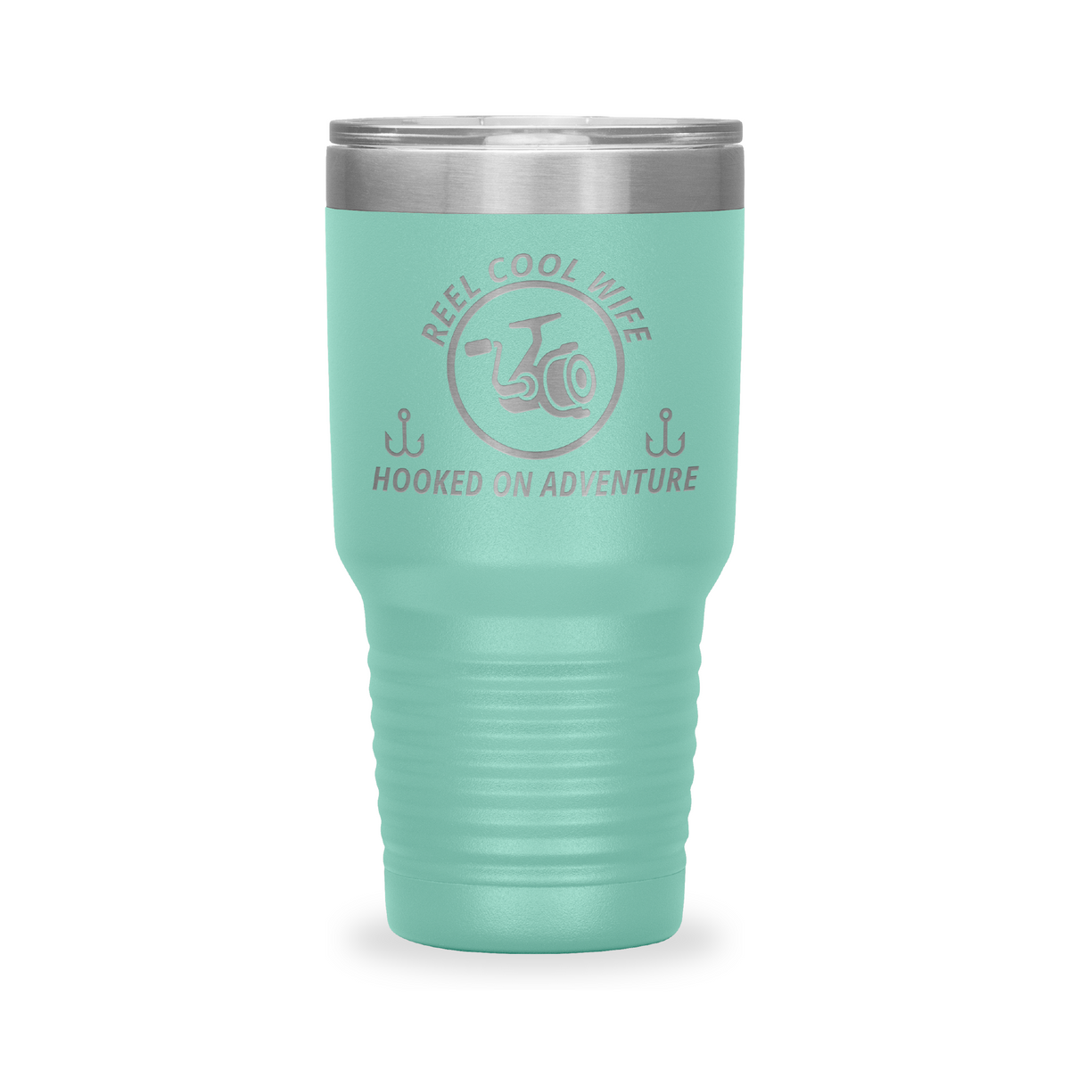Reel Cool Wife - Polar Camel 30oz engraved tumbler, front view, Teal
