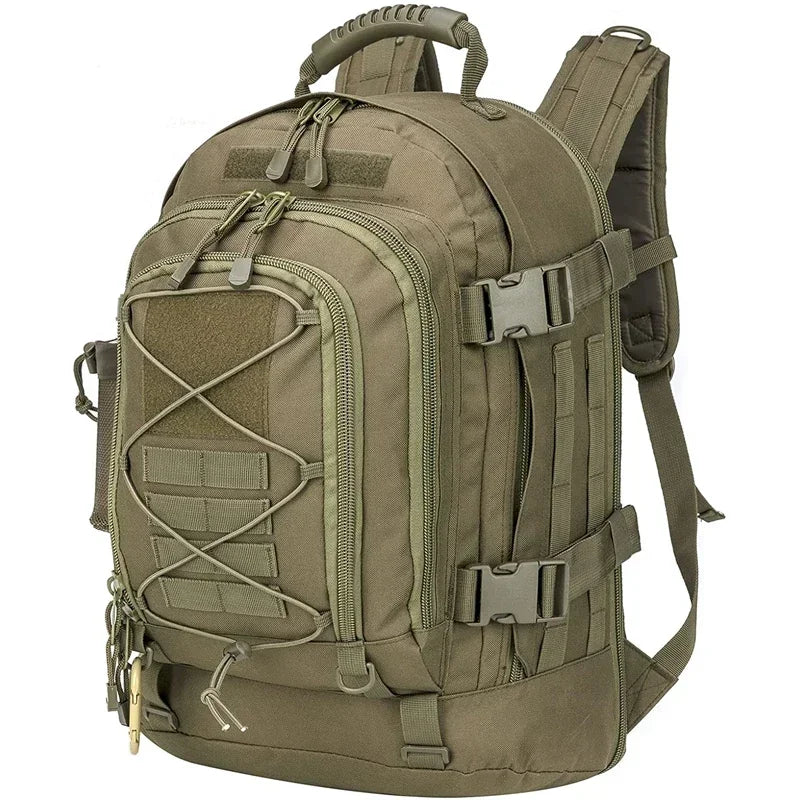 Army Green 65L expandable outdoor backpack with MOLLE-style storage and compression straps.