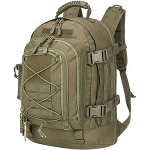 Army Green 65L expandable outdoor backpack with MOLLE-style storage and compression straps.