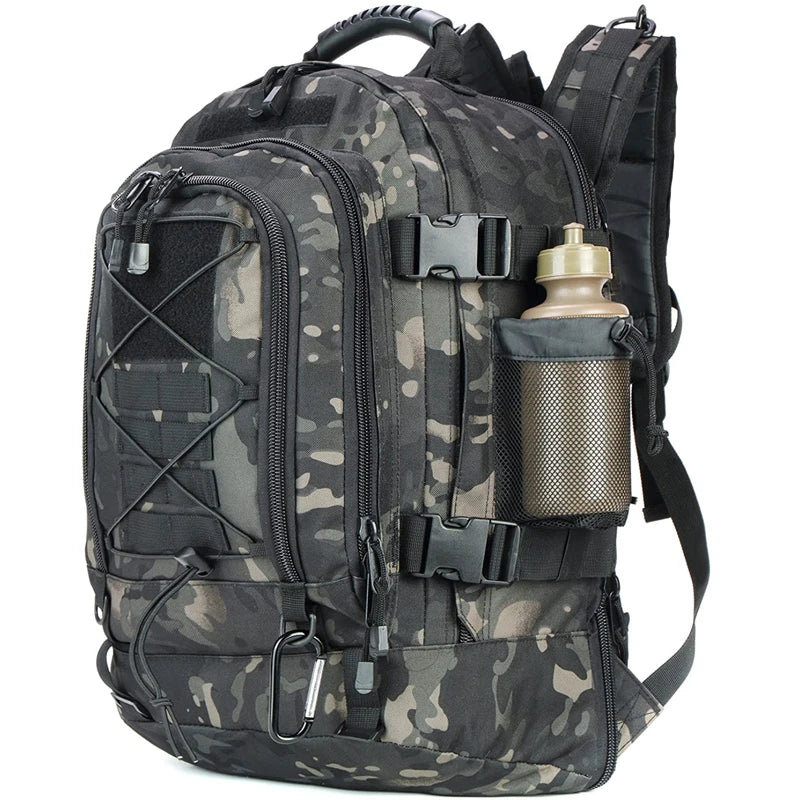 Black Camo 65L expandable outdoor backpack with MOLLE-style storage and side bottle pocket.