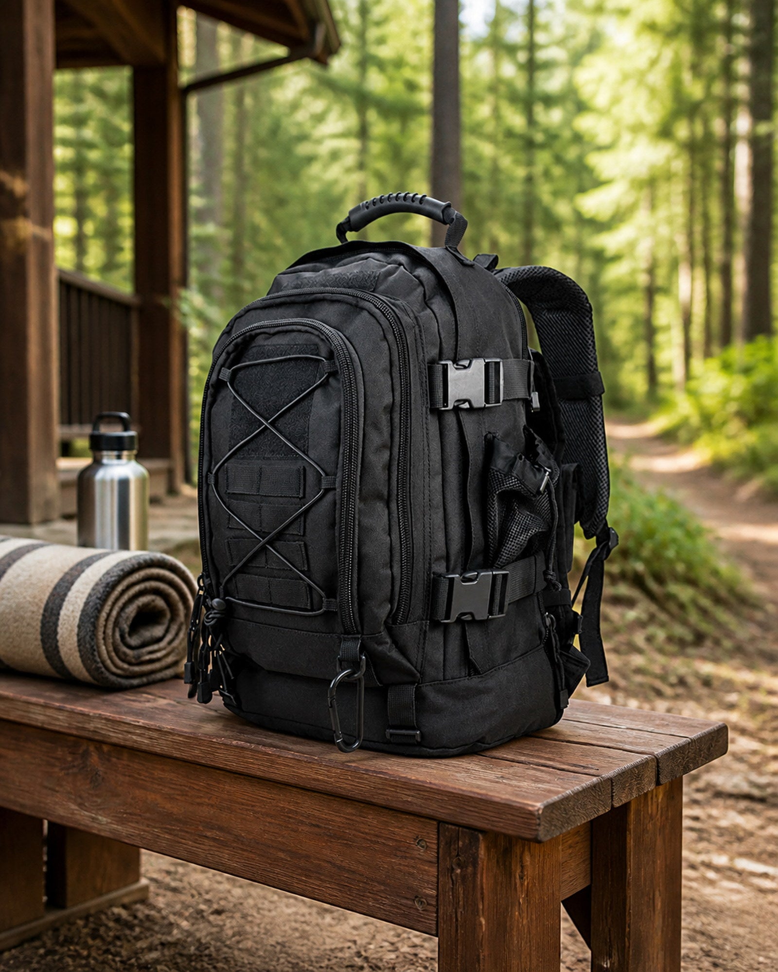 Black 65L expandable outdoor backpack with MOLLE-style storage on a cedar bench beside a forest trail.