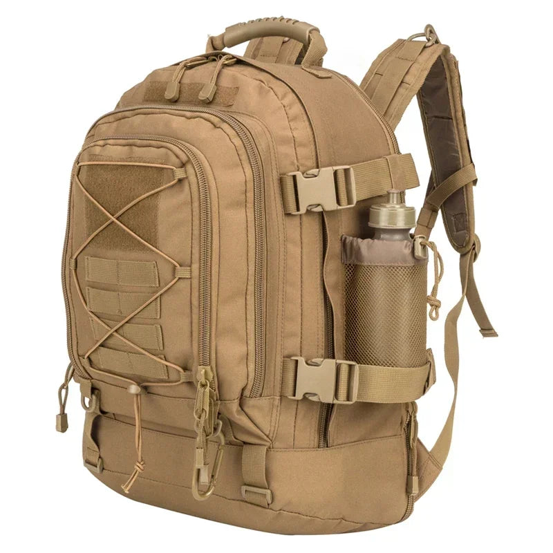 Brown 65L expandable outdoor backpack with MOLLE-style storage and side bottle pocket.