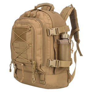 Brown 65L expandable outdoor backpack with MOLLE-style storage and side bottle pocket.