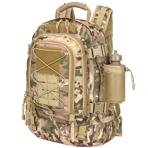 Desert Camo 65L expandable outdoor backpack with MOLLE-style storage and side bottle pocket.