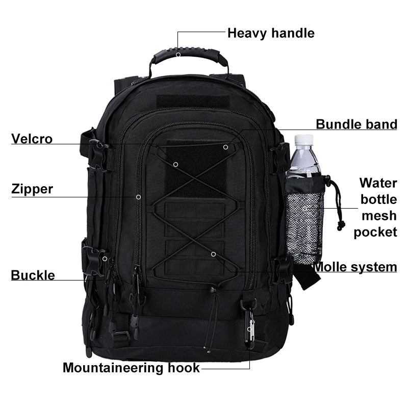 65L expandable outdoor backpack front feature diagram showing handle, zipper, buckles, bottle pocket, and MOLLE-style panel.