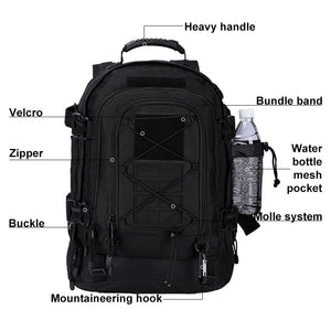 65L expandable outdoor backpack front feature diagram showing handle, zipper, buckles, bottle pocket, and MOLLE-style panel.
