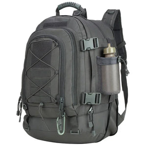 Gray 65L expandable outdoor backpack with MOLLE-style storage, compression straps, and bottle pocket.