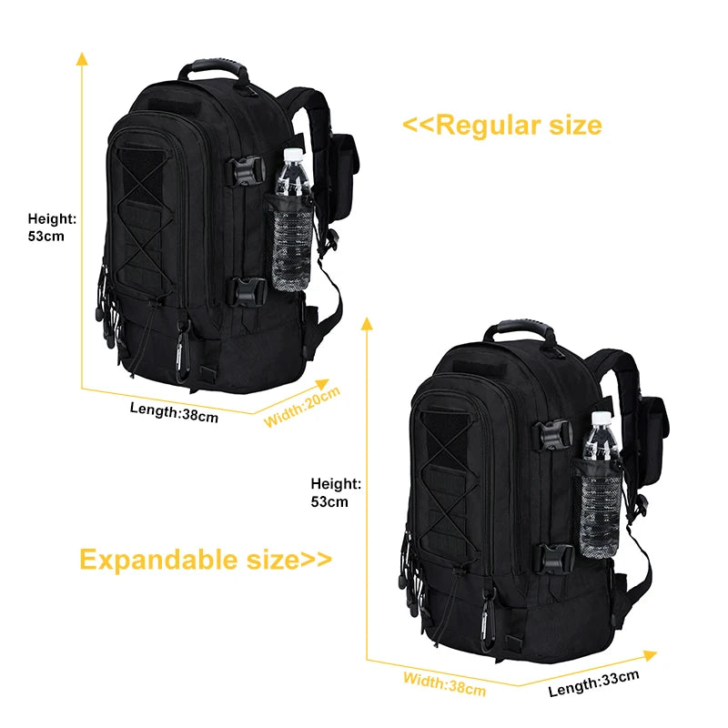 65L expandable outdoor backpack size diagram showing regular and expanded dimensions.