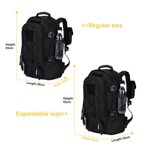 65L expandable outdoor backpack size diagram showing regular and expanded dimensions.