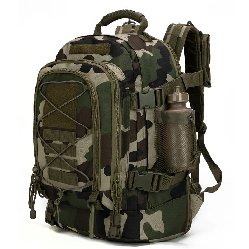 Woodland Camo 65L expandable outdoor backpack with MOLLE-style storage and side bottle pocket.