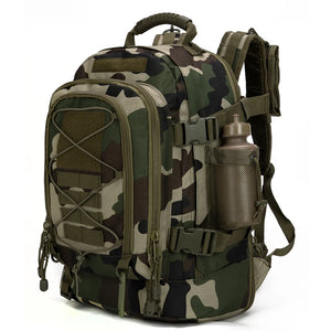 Woodland Camo 65L expandable outdoor backpack with MOLLE-style storage and side bottle pocket.