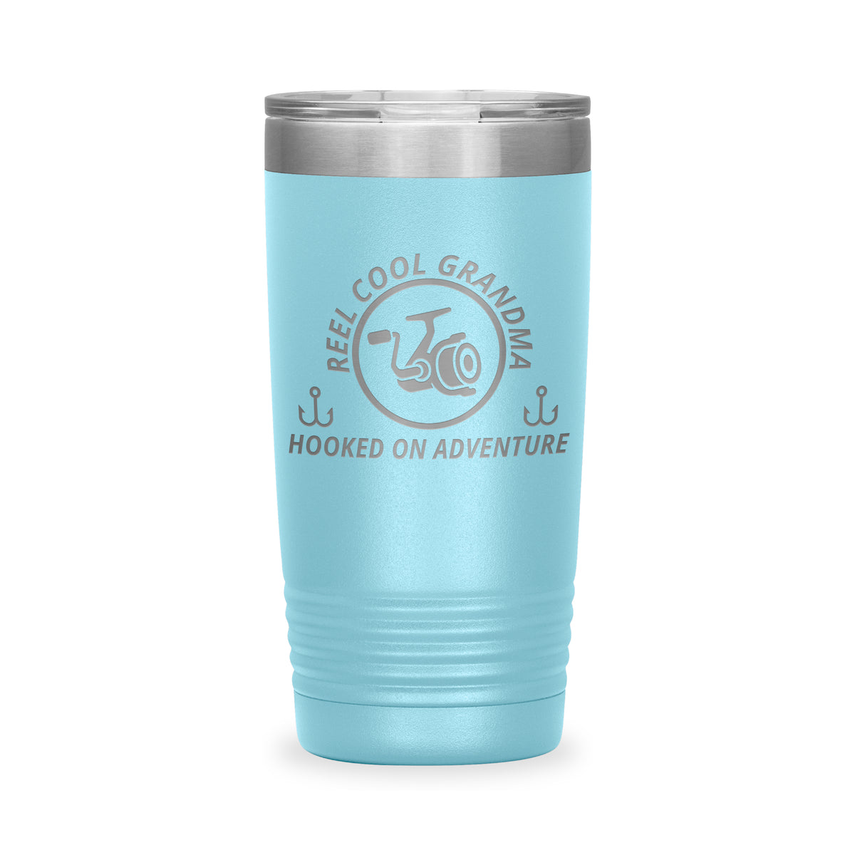 Reel Cool Grandma - Polar Camel 20oz engraved tumbler, front view, Light Blue