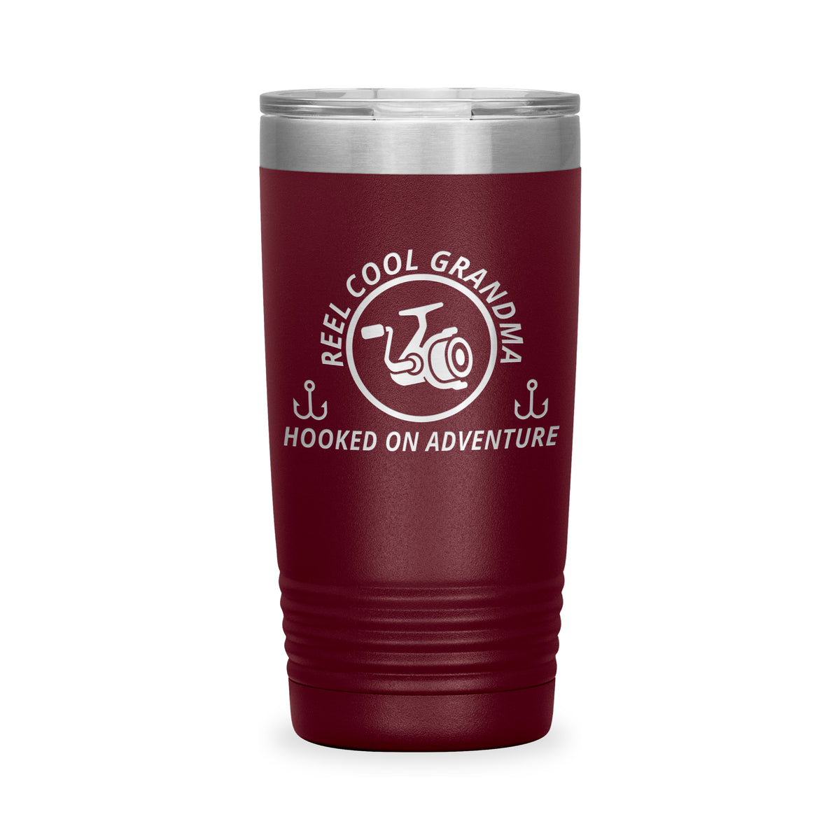 Reel Cool Grandma - Polar Camel 20oz engraved tumbler, front view, Maroon