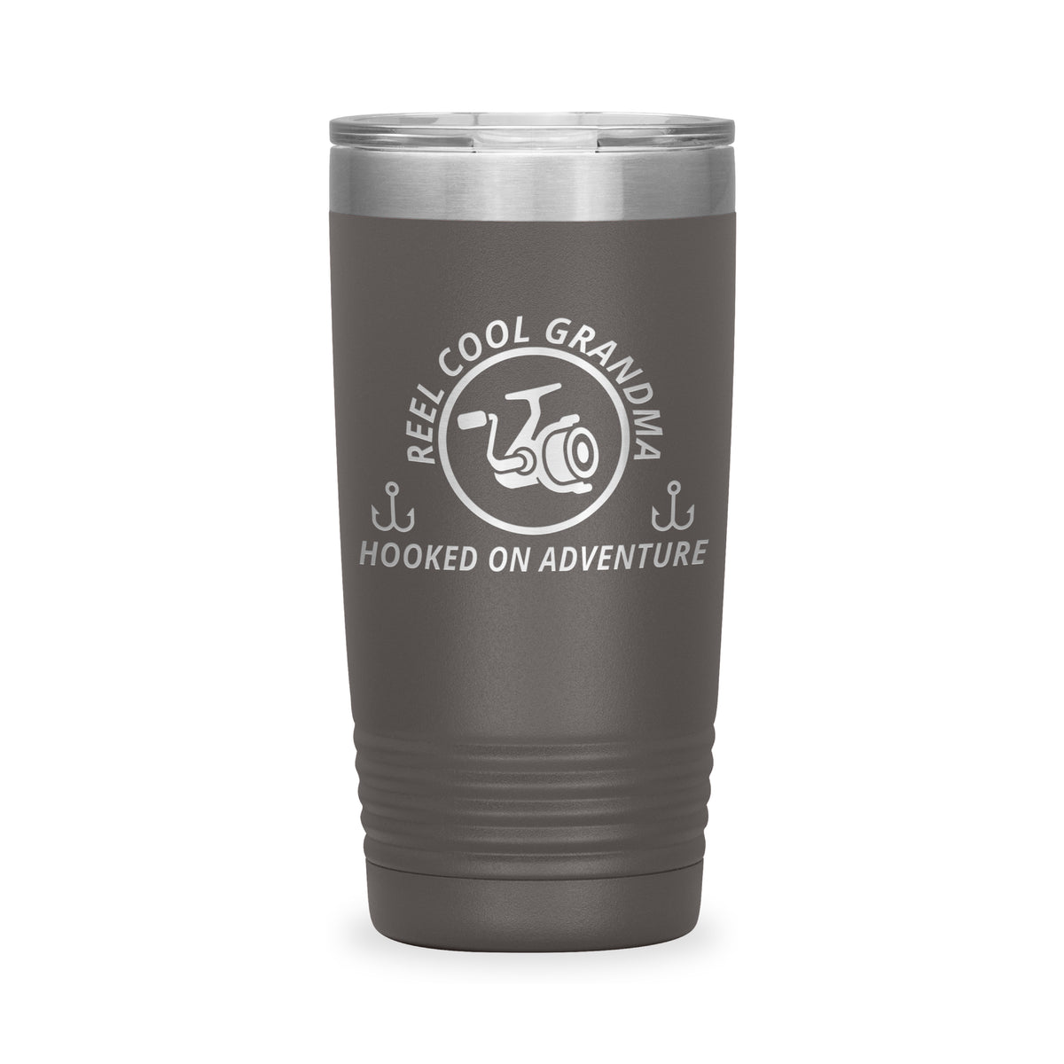 Reel Cool Grandma - Polar Camel 20oz engraved tumbler, front view, Pewter
