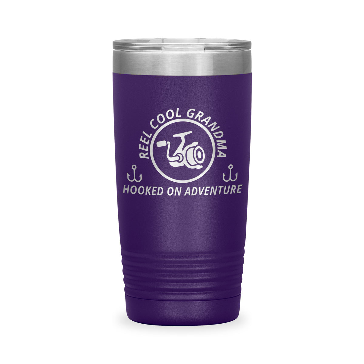 Reel Cool Grandma - Polar Camel 20oz engraved tumbler, front view, Purple
