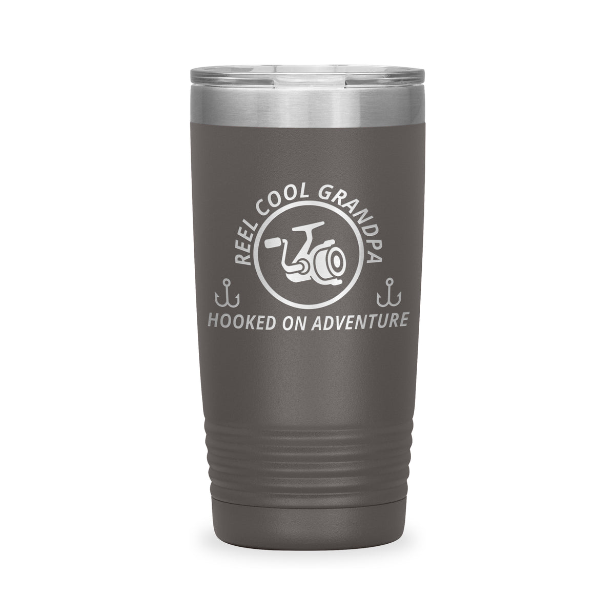 Reel Cool Grandpa - Polar Camel 20oz engraved tumbler, front view, Pewter
