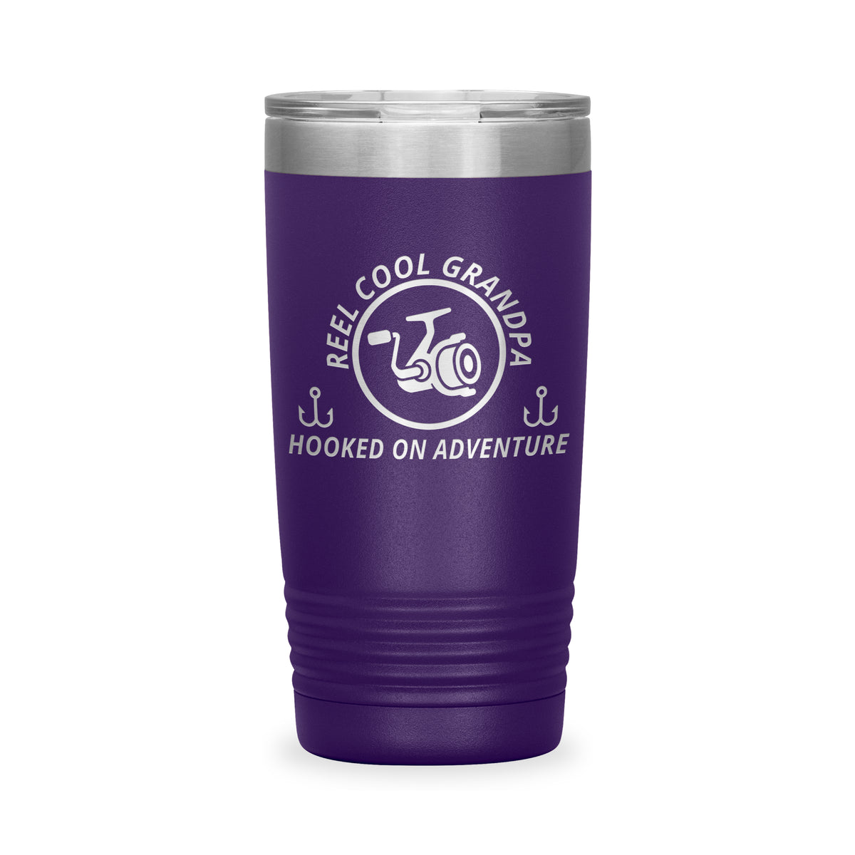 Reel Cool Grandpa - Polar Camel 20oz engraved tumbler, front view, Purple