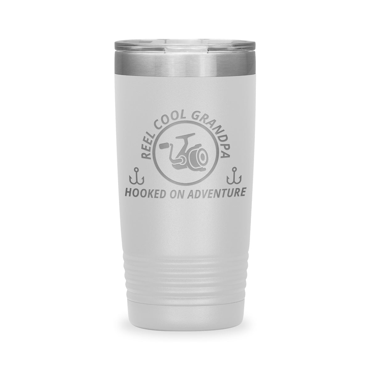Reel Cool Grandpa - Polar Camel 20oz engraved tumbler, front view, White