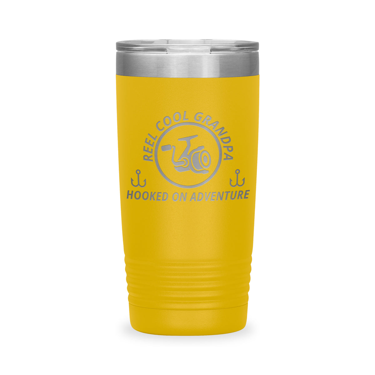 Reel Cool Grandpa - Polar Camel 20oz engraved tumbler, front view, Yellow