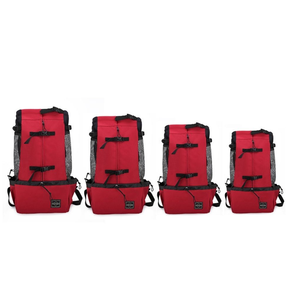 Adventure pet backpack sizing lineup – four red packs from small to XL