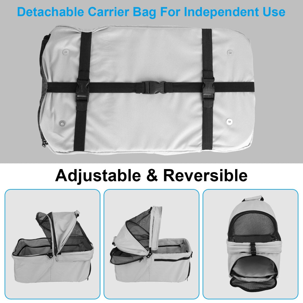 gray detachable carrier bag shown from the bottom with straps and in three adjustable, reversible canopy positions