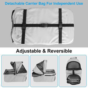 gray detachable carrier bag shown from the bottom with straps and in three adjustable, reversible canopy positions