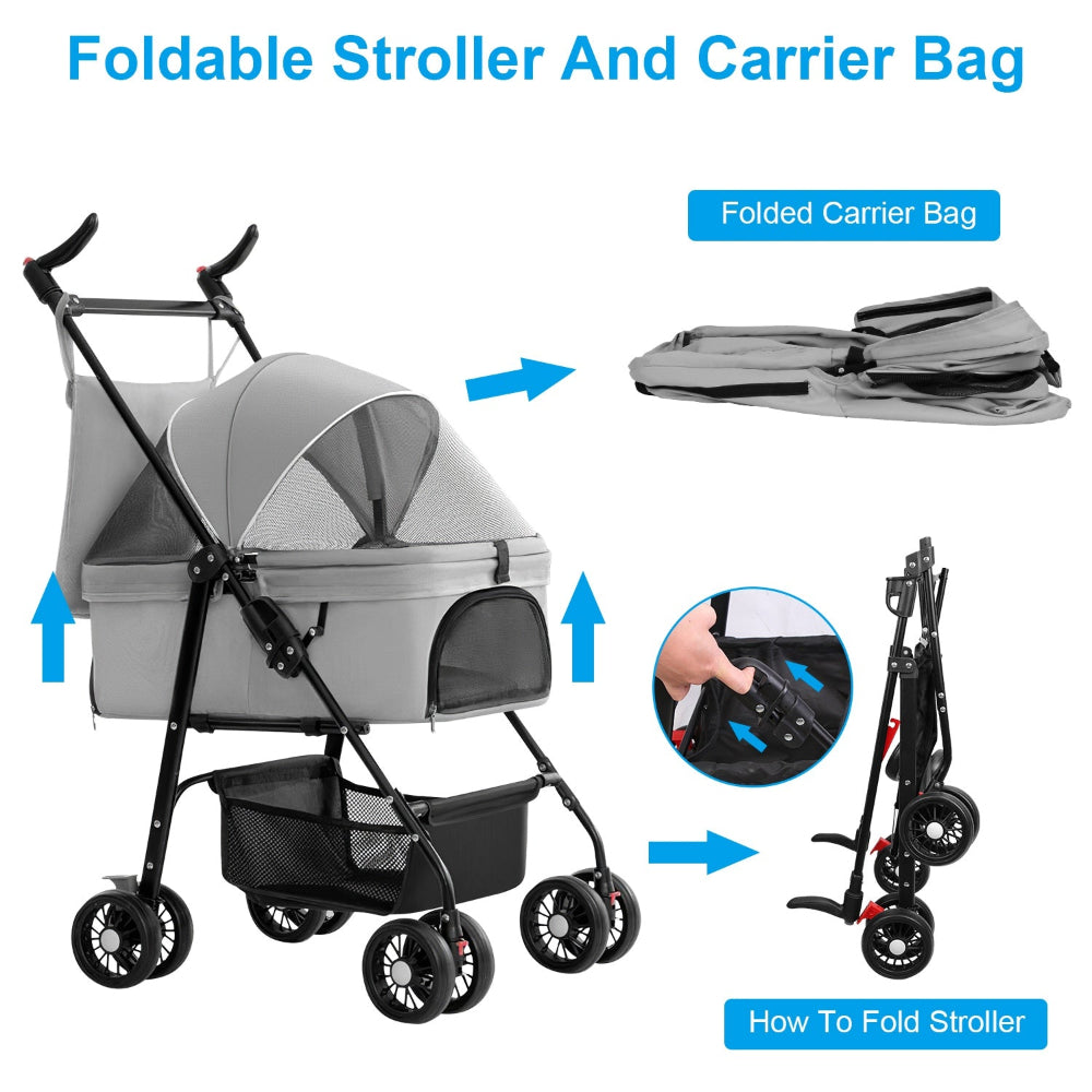 gray pet stroller and carrier bag with arrows showing how the carrier folds flat and the stroller frame folds upright for storage