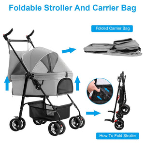 gray pet stroller and carrier bag with arrows showing how the carrier folds flat and the stroller frame folds upright for storage