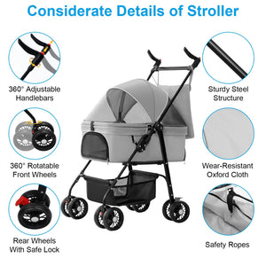 gray pet stroller with callouts showing adjustable handlebars, 360-degree front wheels, locking rear wheels, steel frame, oxford cloth, and safety straps