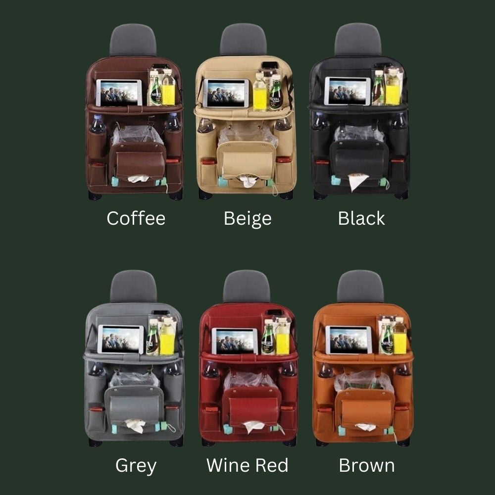 Road Trip Seat Back Organizer – backseat tray and storage with tablet holder and drink pockets in six colors: coffee, beige, black, grey, wine red, and yellow.