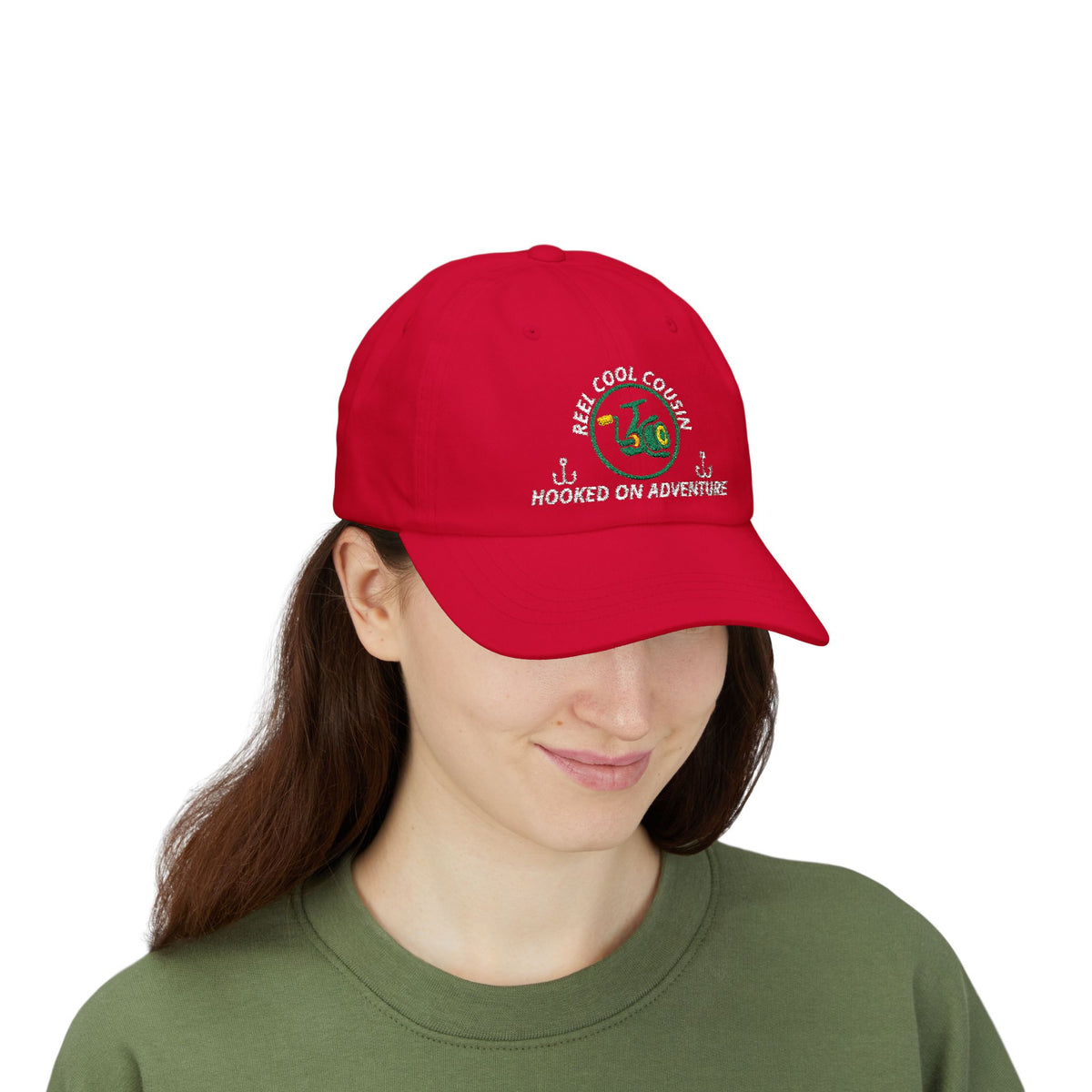 REEL COOL COUSIN embroidered dad cap - Cranberry - model wearing hat - front side view