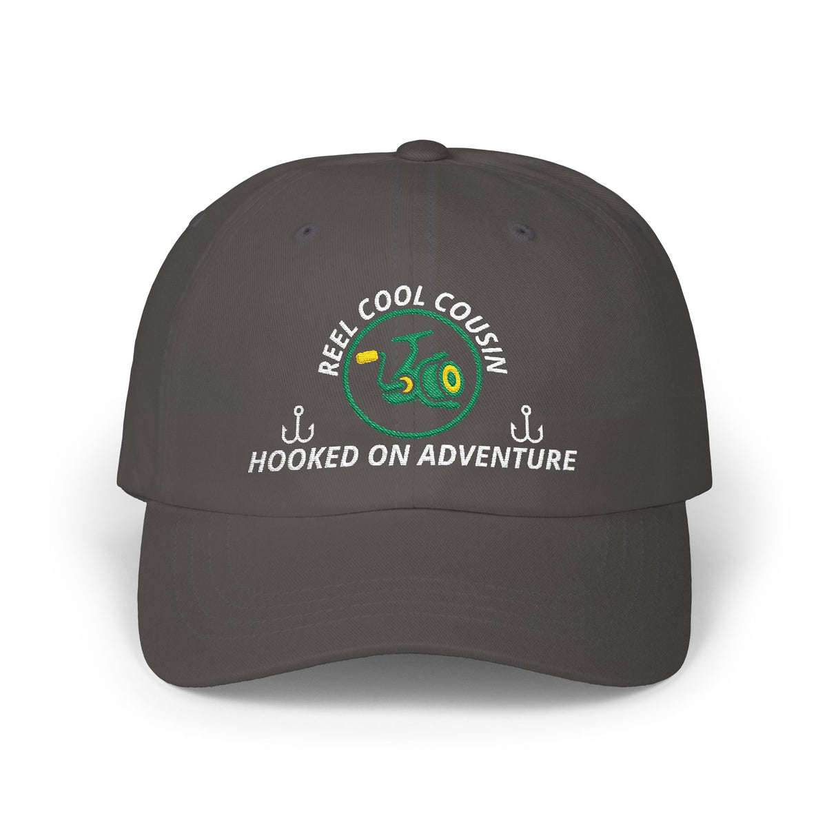 REEL COOL COUSIN embroidered dad cap - Dark Grey - front view