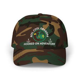 REEL COOL GRANDPA embroidered dad cap - Green Camo - front view