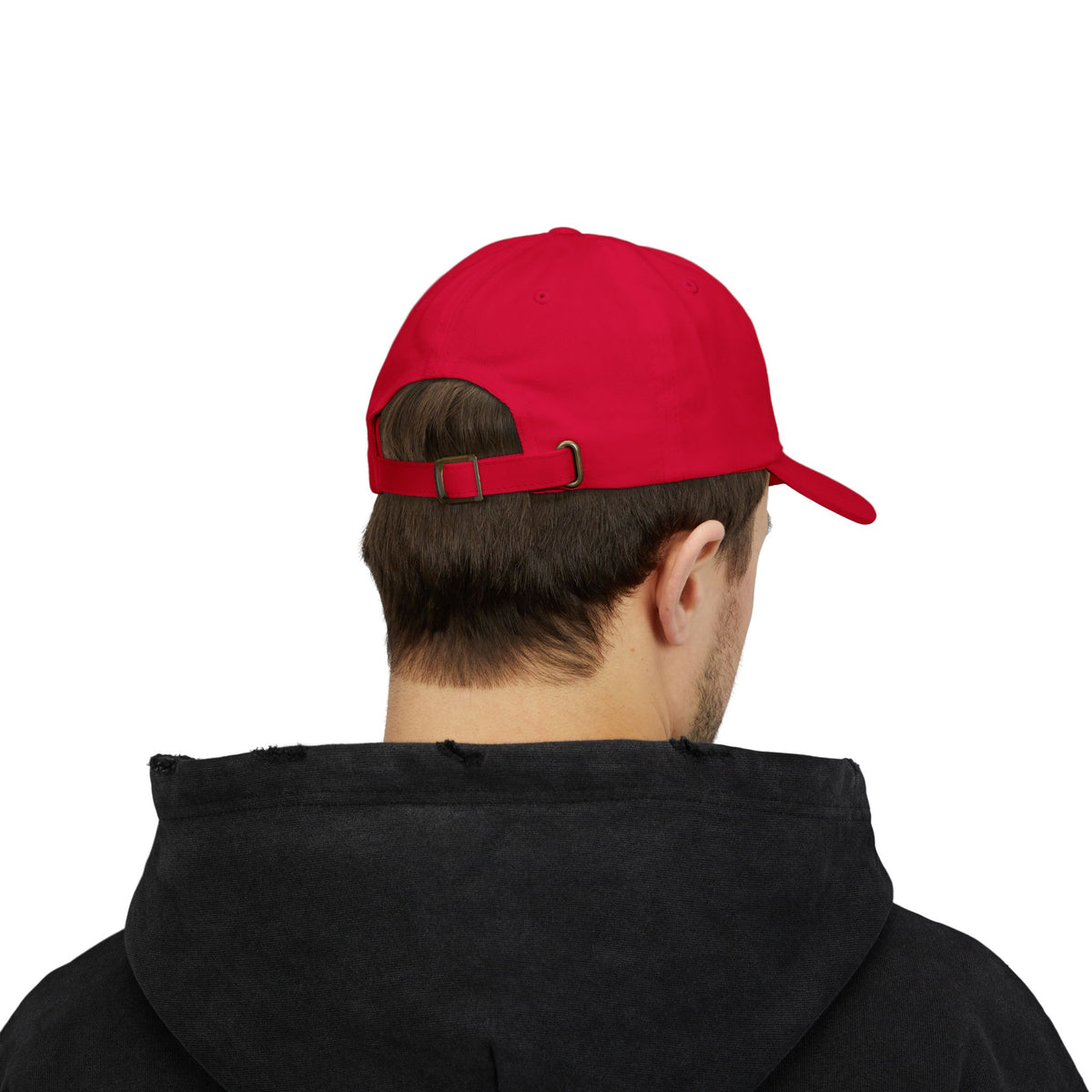 REEL COOL HUSBAND embroidered dad cap - Cranberry - model wearing hat - back side view