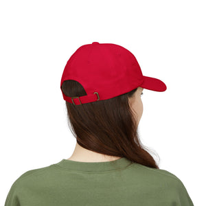 REEL COOL MOM embroidered dad cap - Cranberry - model wearing hat - back side view