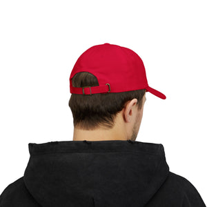 REEL COOL NEPHEW embroidered dad cap - Cranberry - model wearing hat - back side view