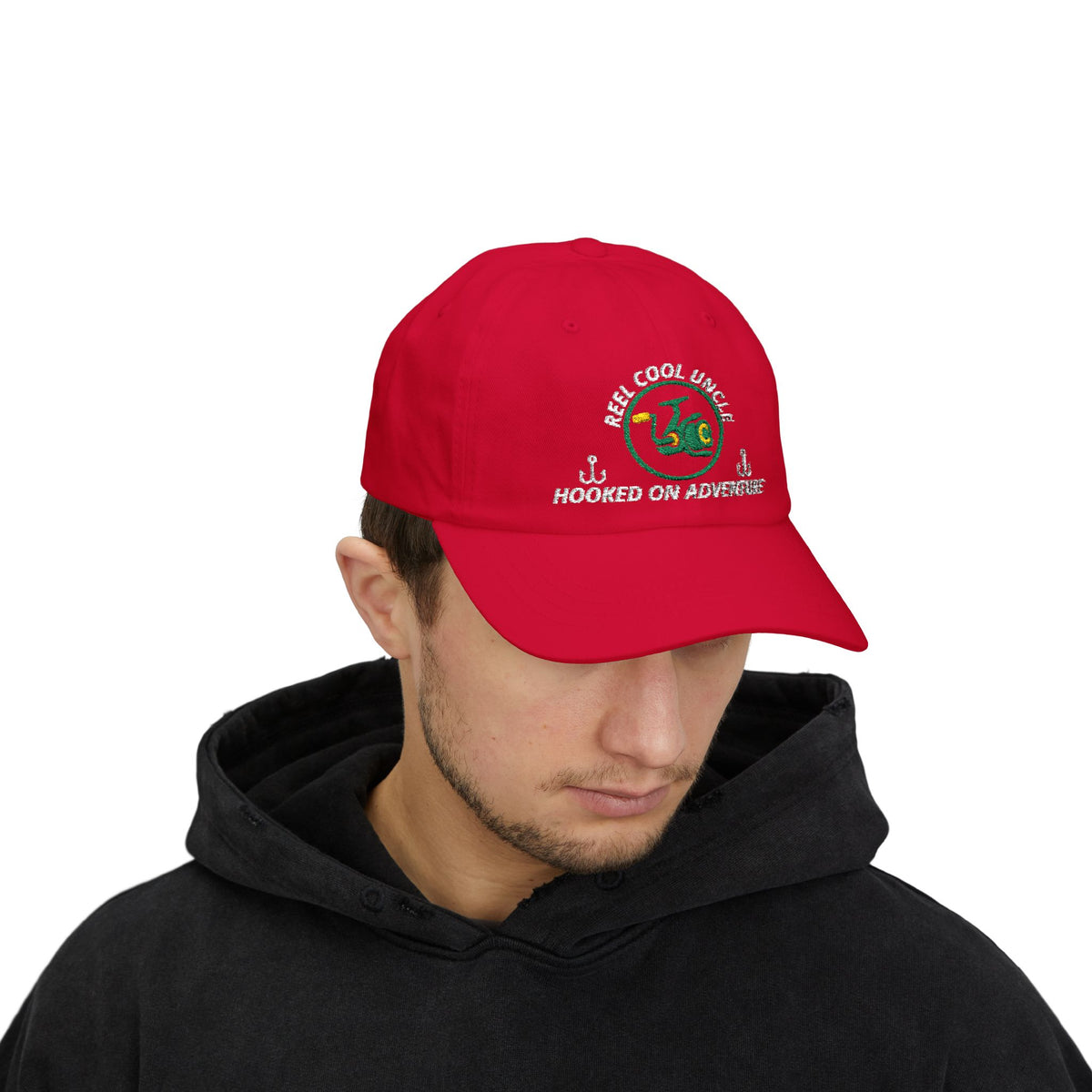 REEL COOL UNCLE embroidered dad cap - Cranberry - model wearing hat - front side view